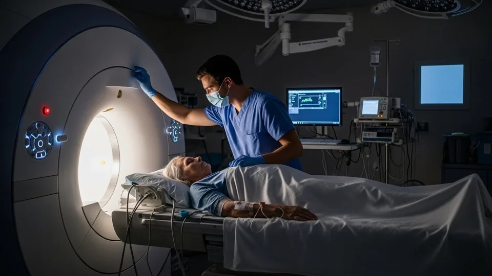 Profissional de saúde com máscara e luvas prepara uma paciente idosa para realizar um exame em uma máquina de ressonância magnética.