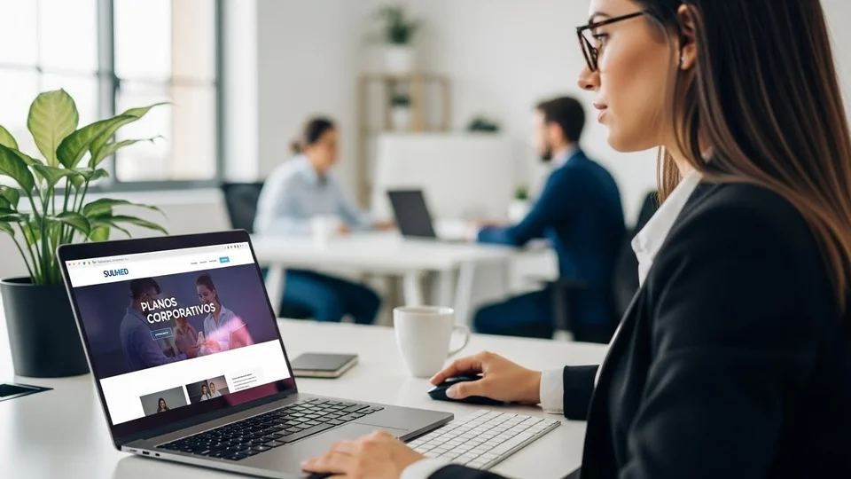 Mulher de óculos em um escritório visualizando o site da Sulmed em um notebook com o título "Planos Corporativos".