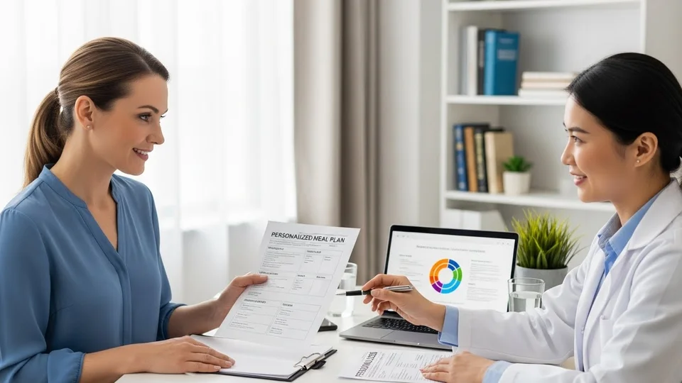 Médica nutricionista entregando um plano alimentar personalizado para uma paciente durante consulta.