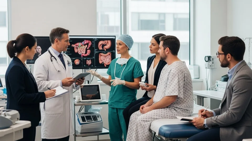 Equipe médica com jaleco e scrubs discutindo exames em telas digitais com um paciente e acompanhantes.