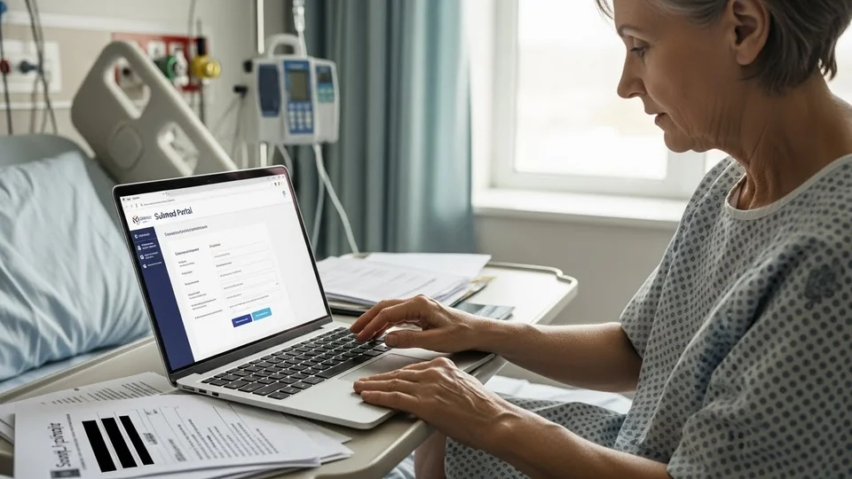 Paciente em leito hospitalar usando um notebook para acessar um portal médico digital com documentos ao lado.
