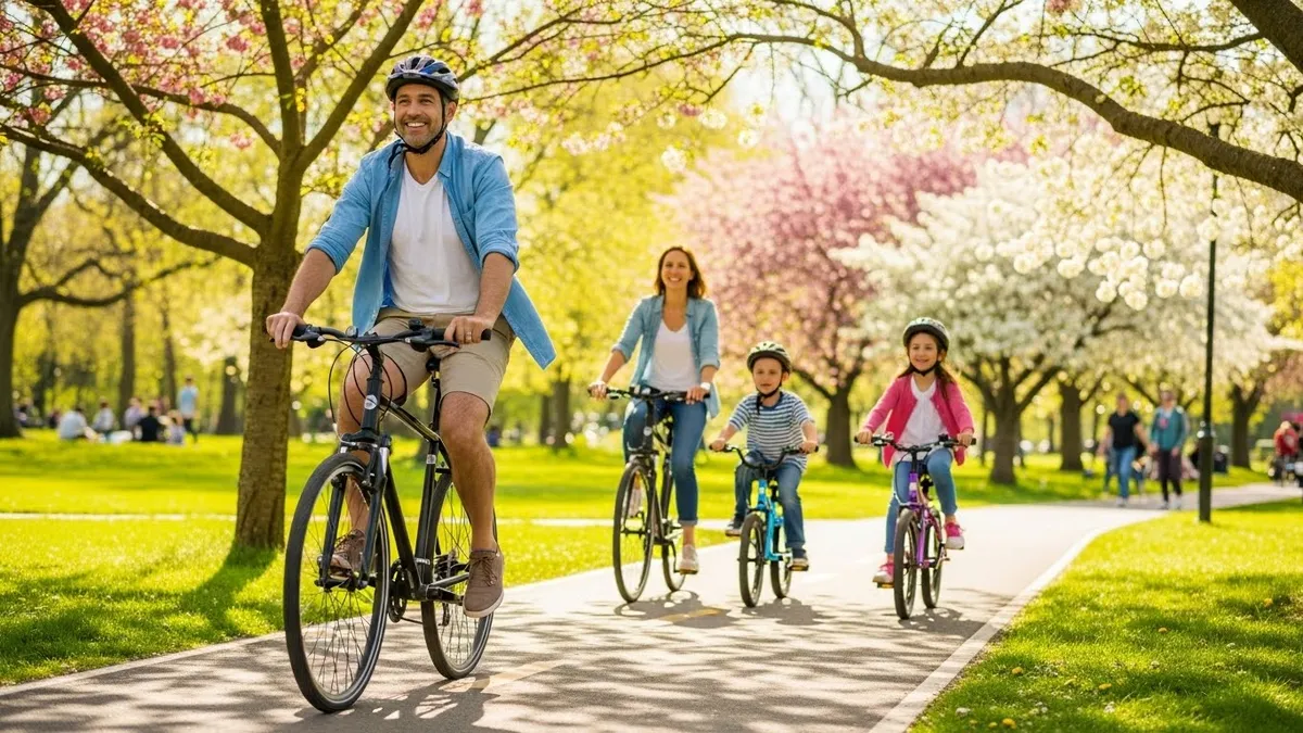 Família andando de bicicleta em parque arborizado