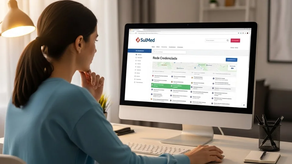 Mulher de costas analisando o site da SulMed com mapa da rede credenciada em monitor de mesa.
