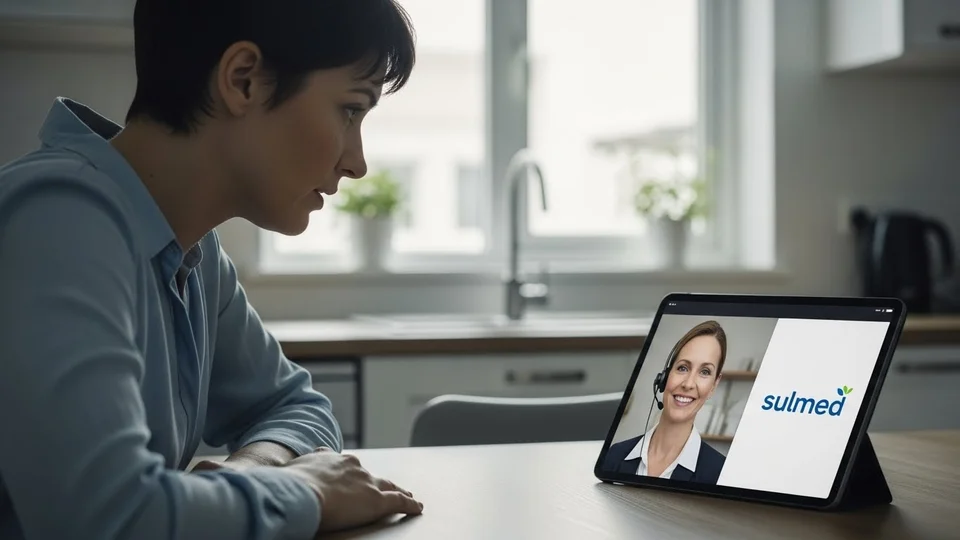 Mulher em uma cozinha realizando teleconsulta via tablet com médica da SulMed.