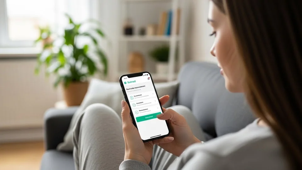 Close de mulher sentada em sofá usando o aplicativo mobile da SulMed no smartphone.