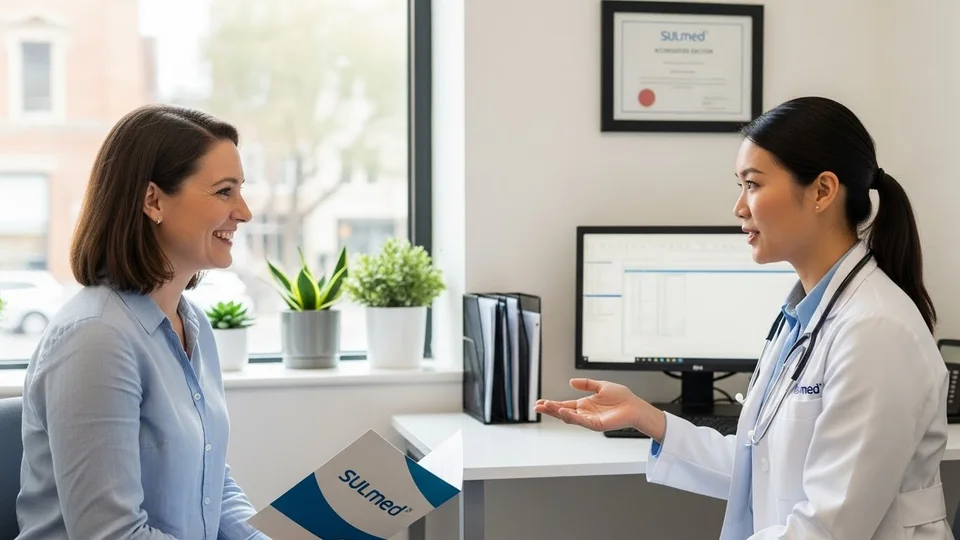 Médica da SulMed em consultório conversando com paciente sorridente durante consulta presencial.