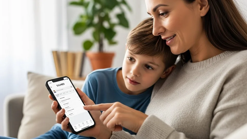 Mãe e filho usando o aplicativo da SulMed em um smartphone para consultar serviços de saúde.