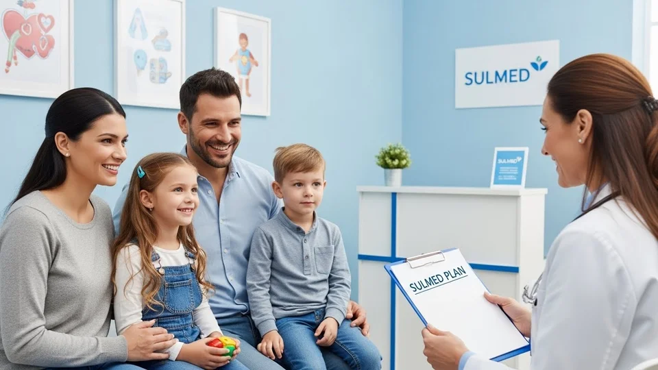 Família sorridente em consulta médica recebendo orientações sobre o plano SulMed.
