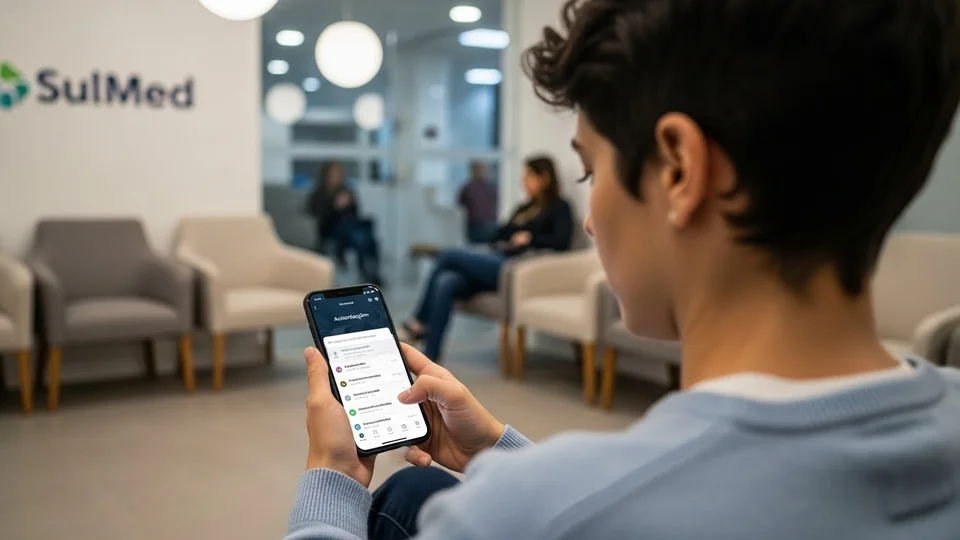 Paciente usa aplicativo Sulmed em sala de espera de clínica médica.