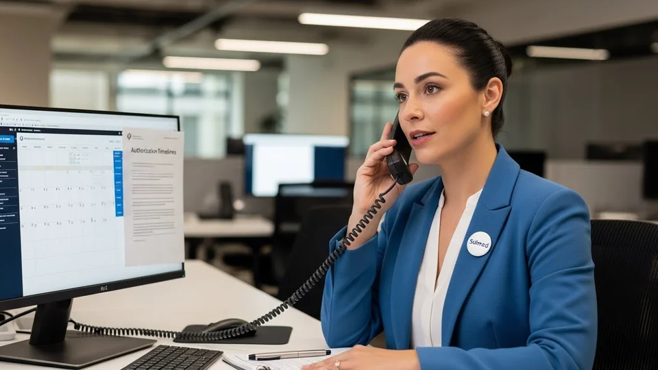 Atendente da Sulmed em escritório realizando suporte ao cliente por telefone.