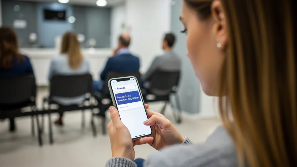 Mulher visualiza resultado de exames no celular através do app Sulmed.