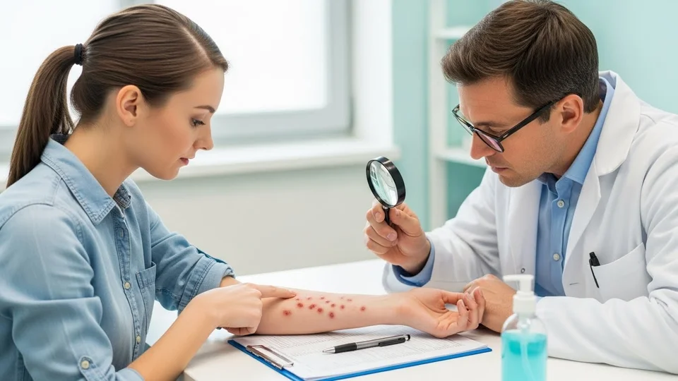 Médico dermatologista examina manchas no braço de paciente com lupa.