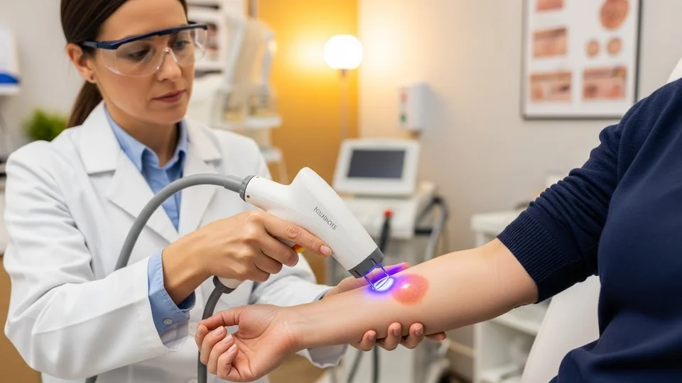 Médica aplica tratamento a laser em lesão na pele de paciente.