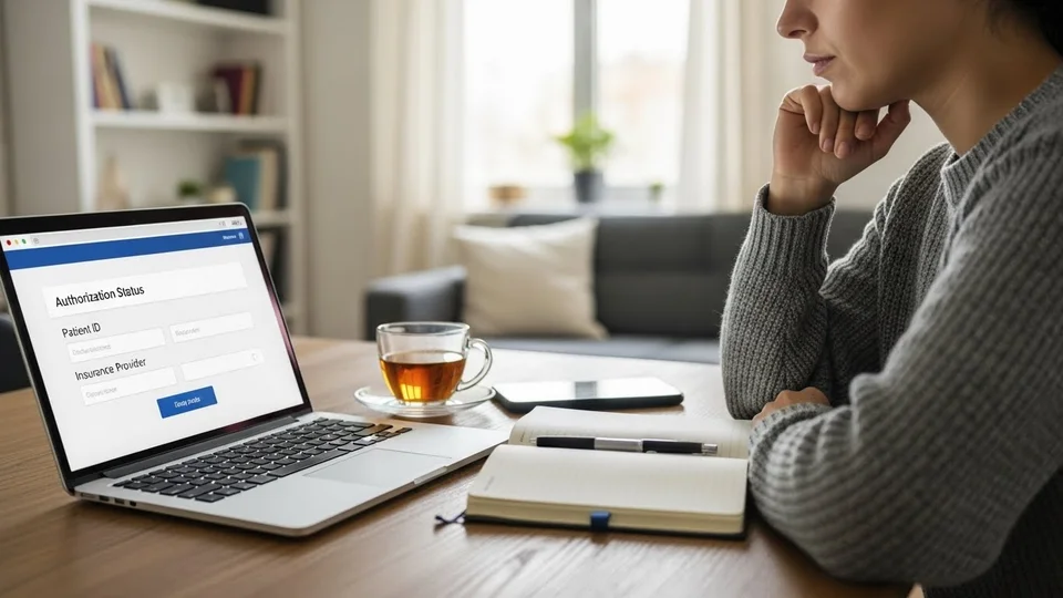 Mulher verifica status de autorização de convênio médico no notebook.
