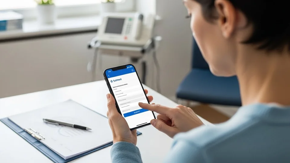 Mulher utiliza aplicativo Sulmed no celular em consultório médico.