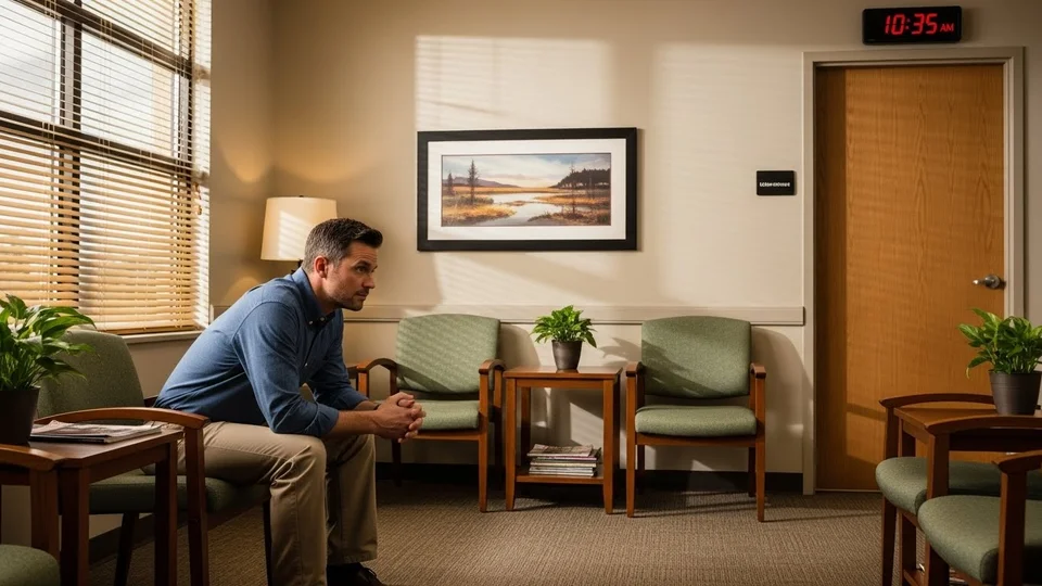 Homem sentado em sala de espera de consultório médico.