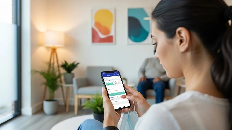 Mulher segurando celular com aplicativo de agendamento de consultas.