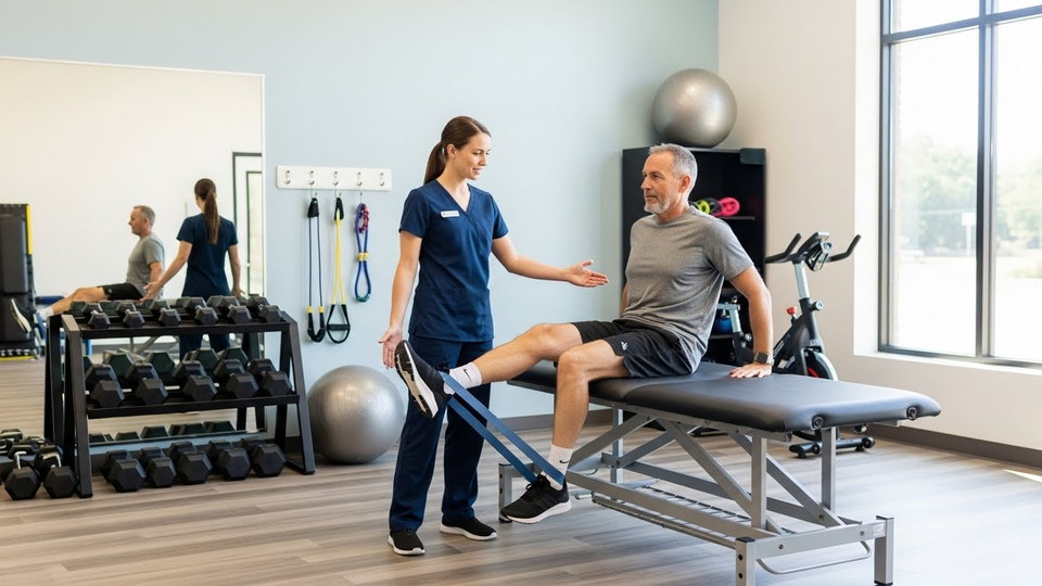 Fisioterapeuta auxilia idoso em exercício de perna.