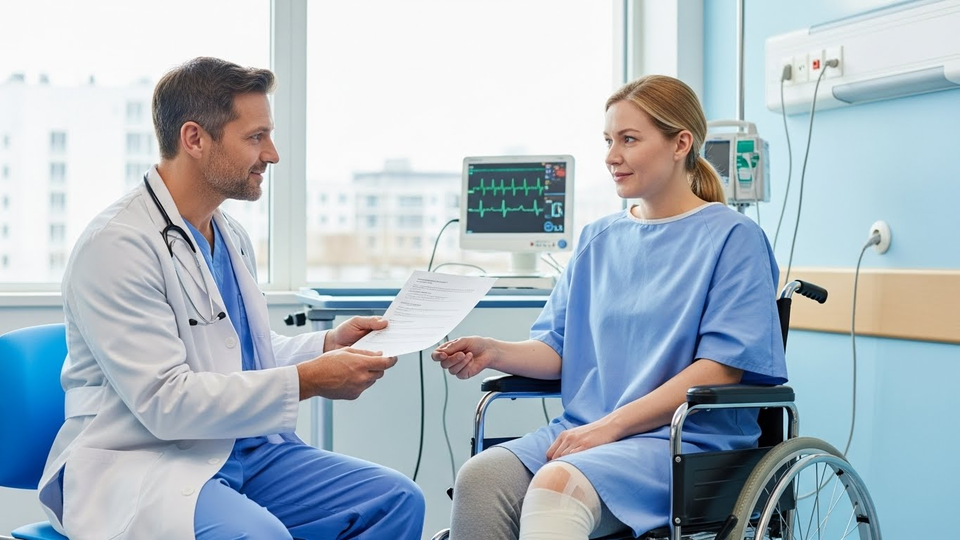 Médico entrega documento para paciente em cadeira de rodas.