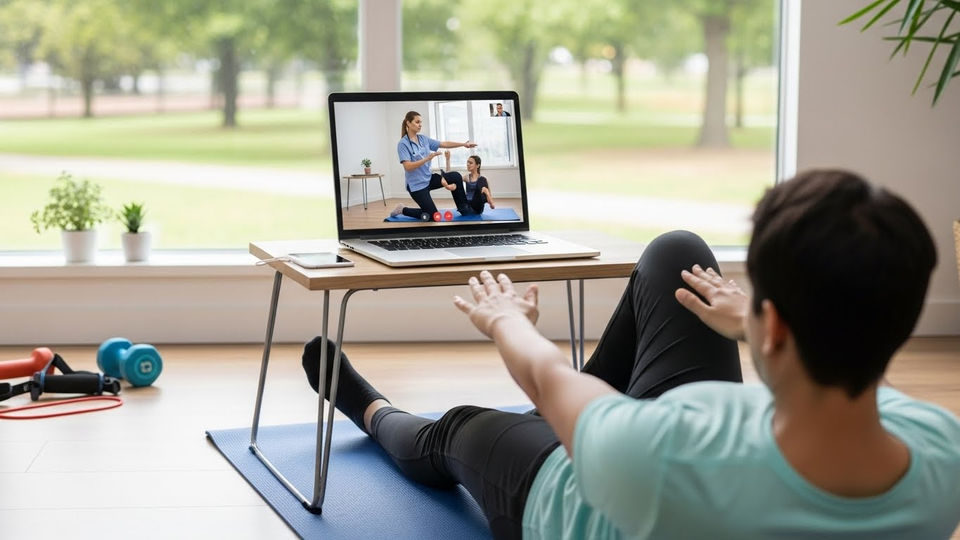 Homem faz exercícios guiados por videoaula no laptop.