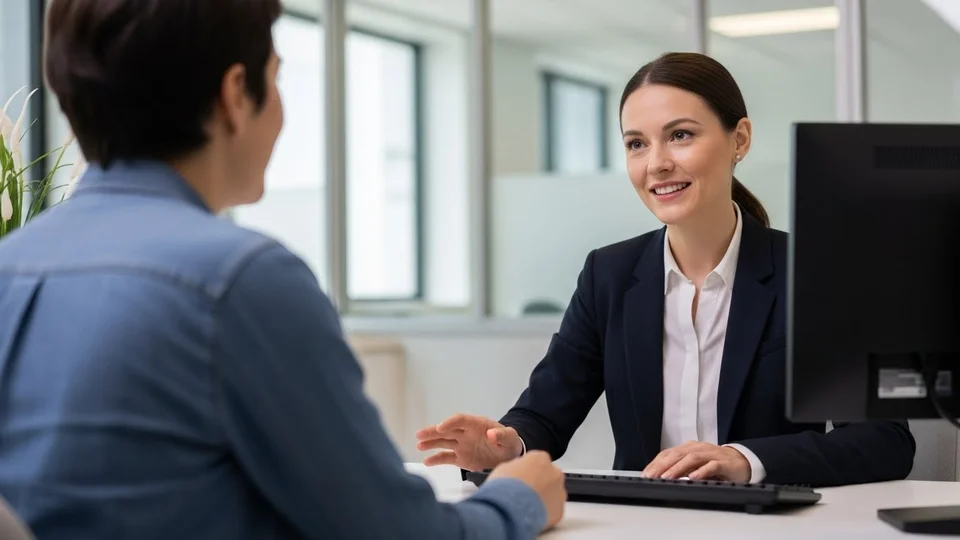 Atendente de seguradora em traje formal sorri enquanto conversa com cliente em um escritório.