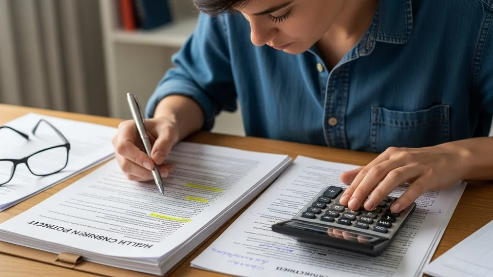 Close de pessoa usando calculadora e caneta para analisar documentos financeiros sobre mesa de madeira.