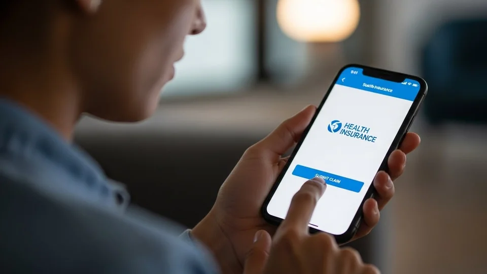 Close de mãos utilizando smartphone para enviar solicitação em aplicativo de seguro saúde.