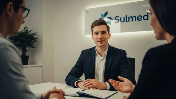 Atendente da Sulmed em reunião com clientes em um escritório bem iluminado.
