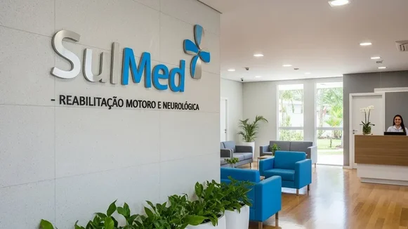 Recepção da clínica SulMed - Reabilitação Motora e Neurológica com poltronas azuis e atendente ao fundo.