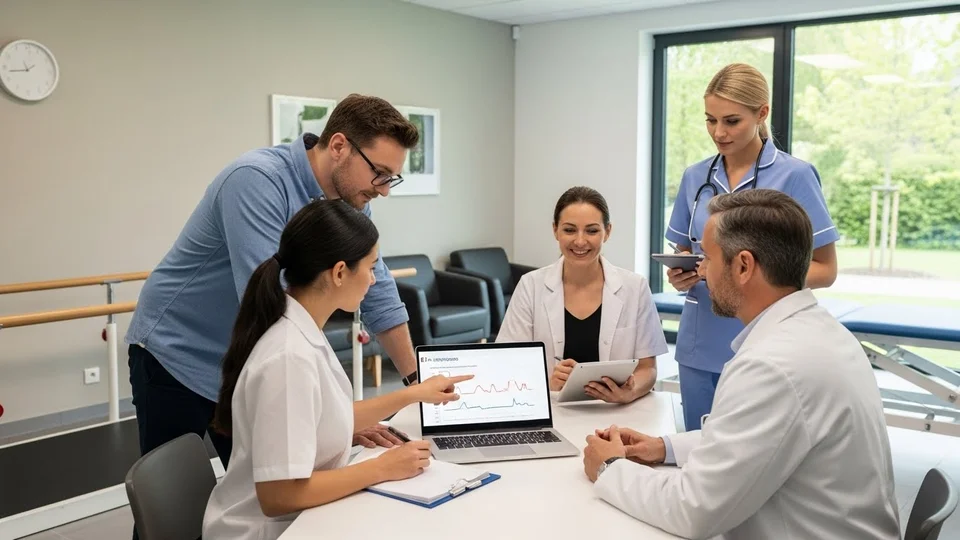 Equipe médica reunida em mesa discutindo gráficos de exames em um notebook.