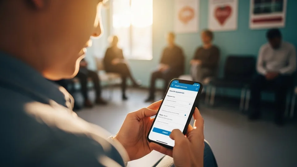 Close-up de pessoa usando aplicativo de saúde no celular em sala de espera.