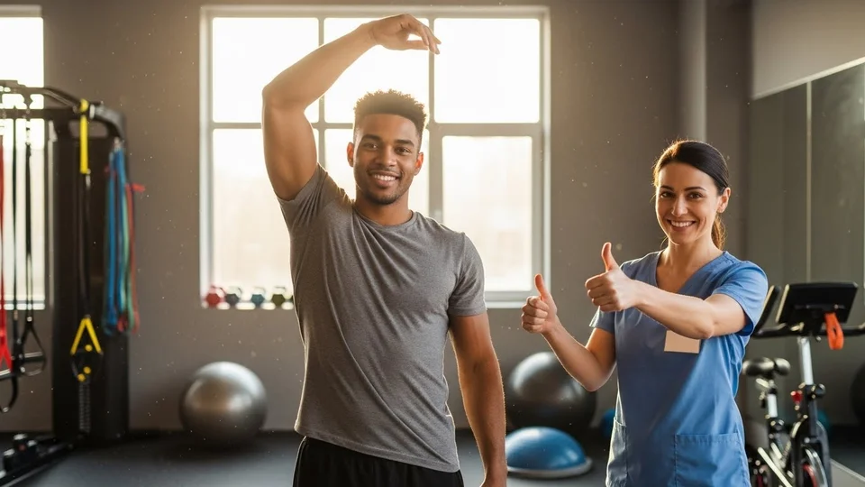 Homem realiza exercício de braço ao lado de fisioterapeuta que faz sinal de positivo.