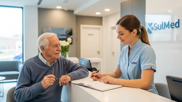 Atendente da clínica SulMed conversa com paciente idoso na recepção enquanto preenche formulário.