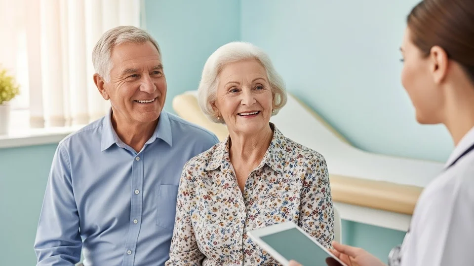 Casal de idosos sorridentes em consulta médica com doutora usando tablet.