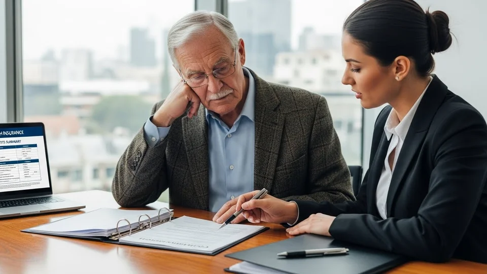 Corretora explica contrato de seguro de saúde para cliente idoso em escritório.