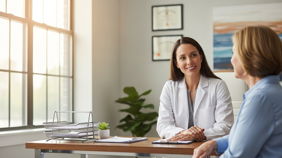 Médica sorridente de jaleco branco atende paciente em consultório.