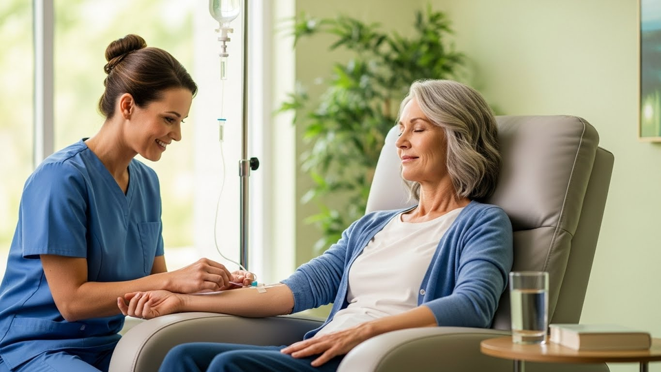 Enfermeira sorridente aplica medicação intravenosa em paciente.