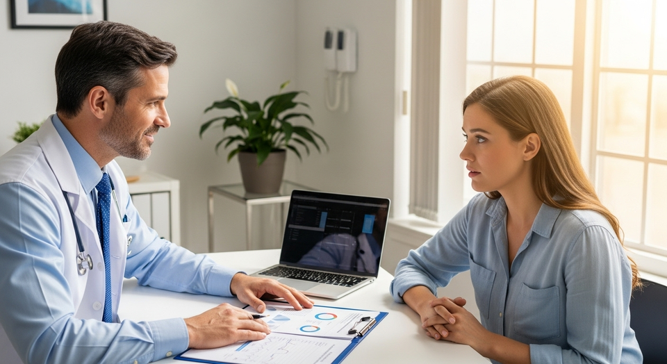 Médico explica exames e gráficos para paciente na mesa.