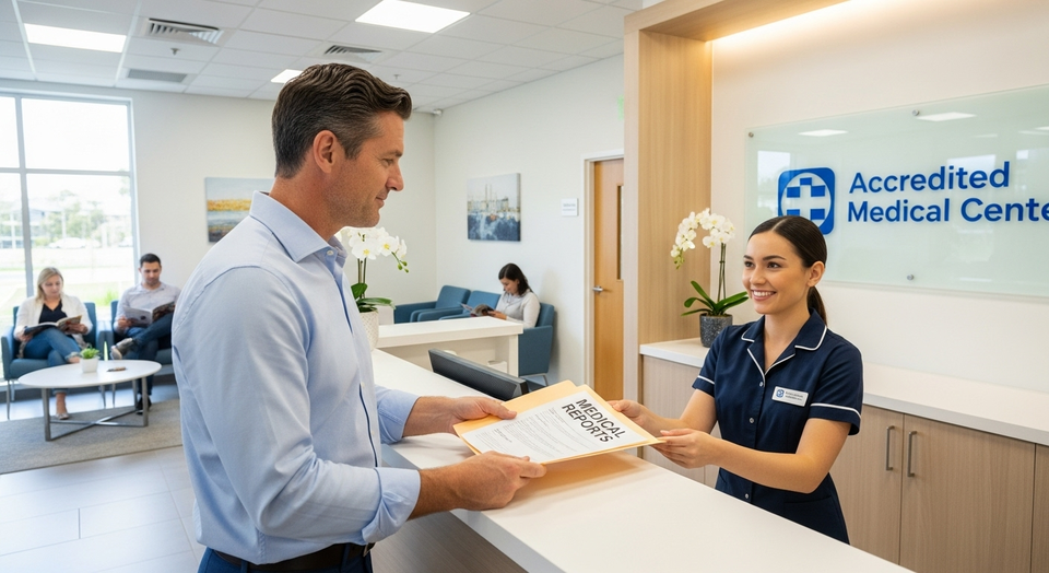 Homem recebe laudo na recepção do Accredited Medical Center.
