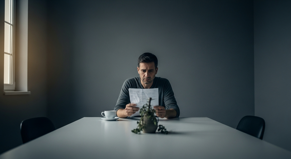 Homem analisa documento médico sozinho em sala escura.