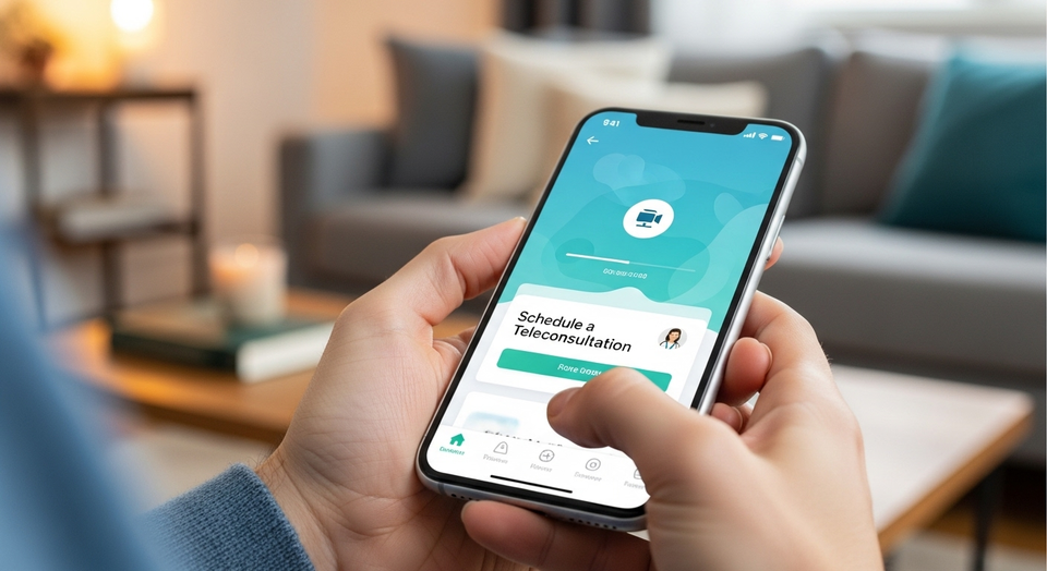Pessoa usa celular para agendar teleconsulta em app.