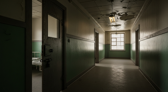 Corredor antigo de hospital com porta de cela aberta.