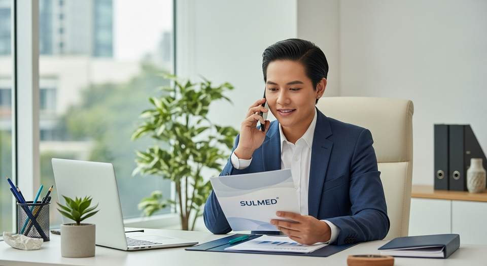 Homem ao telefone analisa documento da Sulmed no escritório.