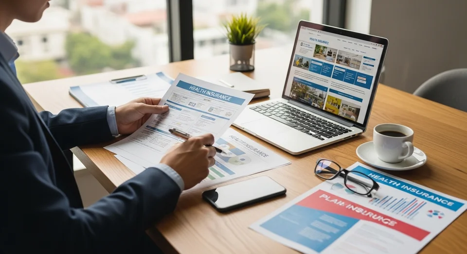Homem revisando documentos de seguro saúde na mesa.