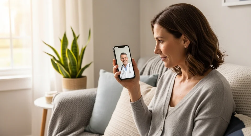 Mulher sorrindo durante teleconsulta no smartphone.