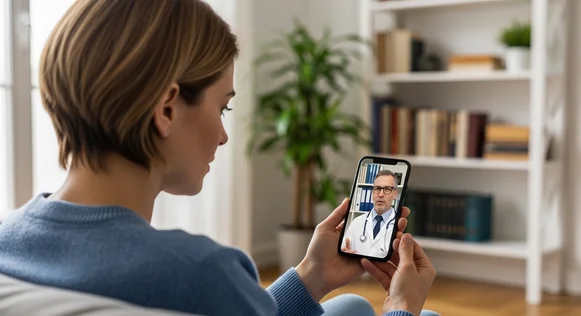 Mulher em consulta médica por vídeo no celular.