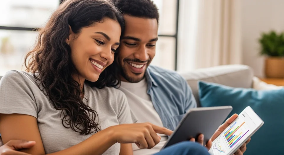 Casal jovem sorrindo ao analisar gráficos de saúde no tablet.