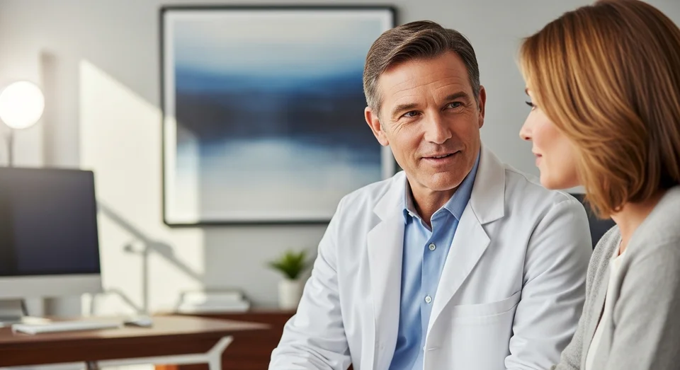 Médico sorridente explicando tratamento para paciente em consulta.