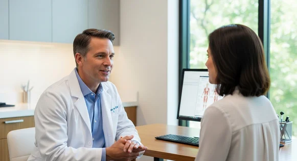 Médico de jaleco branco conversando com paciente no consultório.