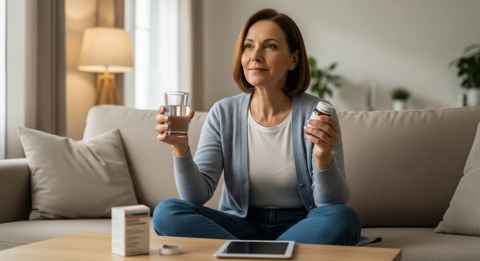 Mulher sentada no sofá segurando copo d'água e frasco de remédio.